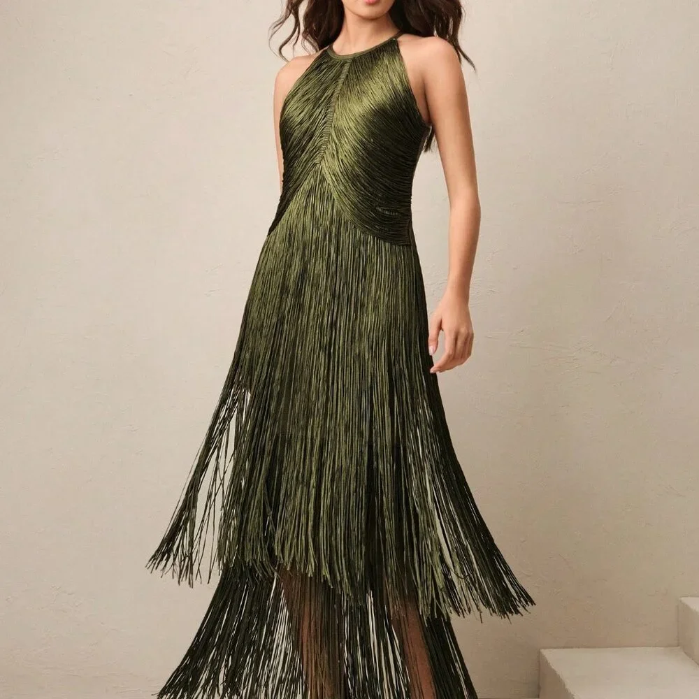 Army Green Bohemian Women's Elegant Tassel Maxi Dress - Picture 1 of 7